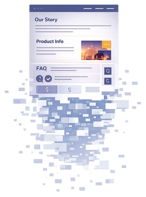 Illustration showing webpage content breaking apart as AI processes it